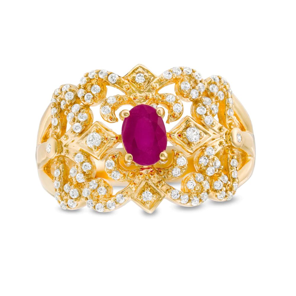 Oval Ruby and 0.67 CT. T.W. Diamond Triple Row Split Shank Vintage-Style Ring in 10K Gold|Peoples Jewellers