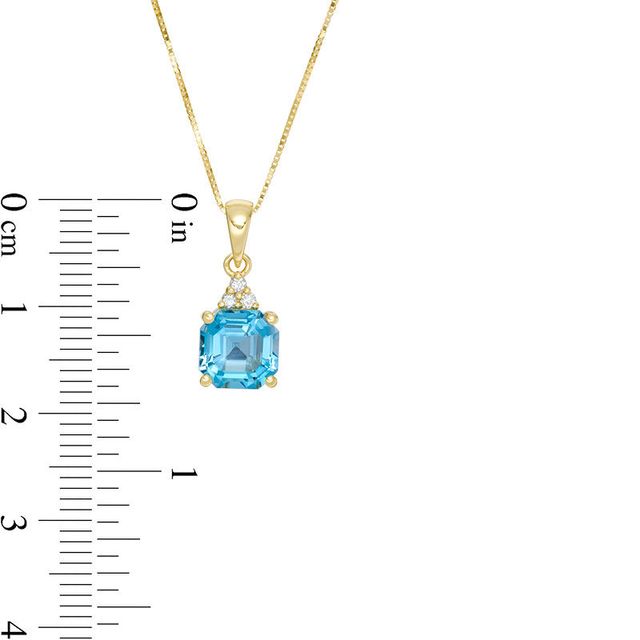 7.0mm Asscher-Cut Swiss Blue Topaz and 0.05 CT. T.W. Diamond Tri-Top Drop Pendant in 10K Gold|Peoples Jewellers