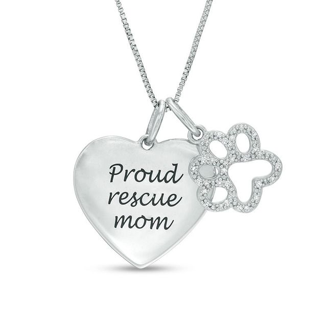 0.10 CT. T.W. Diamond Paw Print Outline and "Proud rescue mom" Heart Charm Pendant in Sterling Silver