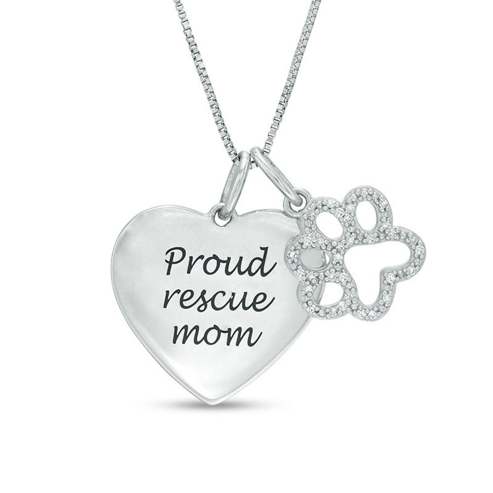 0.10 CT. T.W. Diamond Paw Print Outline and "Proud rescue mom" Heart Charm Pendant in Sterling Silver|Peoples Jewellers