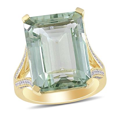 Emerald-Cut Green Quartz and 0.44 CT. T.W. Diamond Split Shank Ring in 14K Gold|Peoples Jewellers