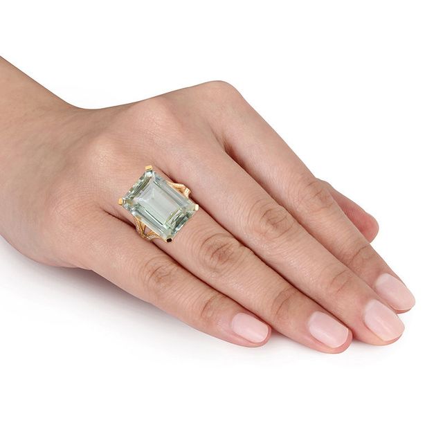 Emerald-Cut Green Quartz and 0.44 CT. T.W. Diamond Split Shank Ring in 14K Gold|Peoples Jewellers