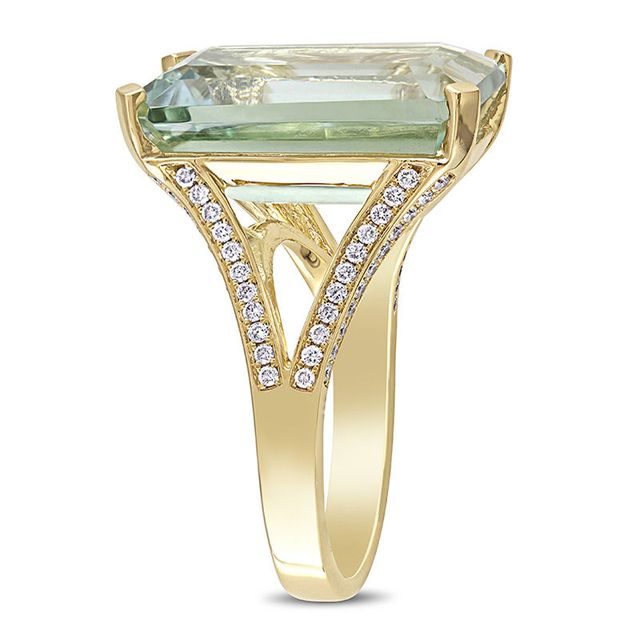 Emerald-Cut Green Quartz and 0.44 CT. T.W. Diamond Split Shank Ring in 14K Gold|Peoples Jewellers
