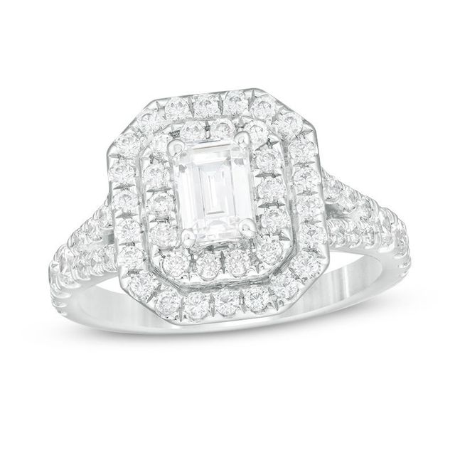 Celebration Canadian Ideal 1.70 CT. T.W. Emerald-Cut Certified Diamond Double Frame Engagement Ring in 14K White Gold (I/SI2)|Peoples Jewellers