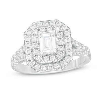 Celebration Canadian Ideal 1.70 CT. T.W. Emerald-Cut Certified Diamond Double Frame Engagement Ring in 14K White Gold (I/SI2)|Peoples Jewellers