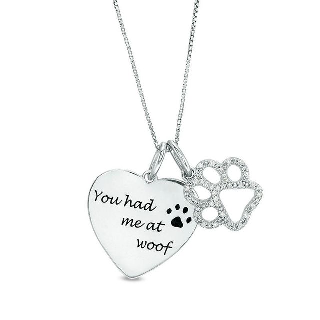 0.10 CT. T.W. Diamond Paw Print Outline and "You had me at woof" Heart Charm Pendant in Sterling Silver