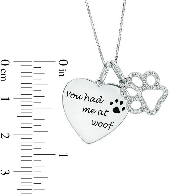 0.10 CT. T.W. Diamond Paw Print Outline and "You had me at woof" Heart Charm Pendant in Sterling Silver|Peoples Jewellers