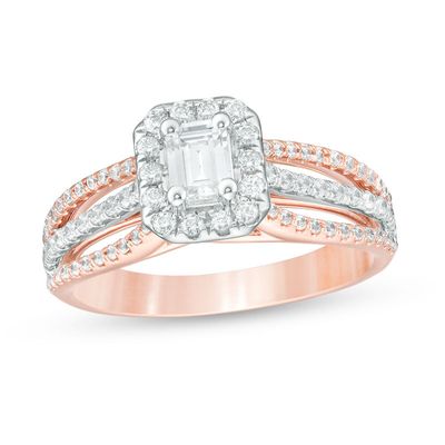 1.00 CT. T.W. Certified Canadian Emerald-Cut Diamond Frame Engagement Ring in 14K Two-Tone Gold (I/SI2)|Peoples Jewellers