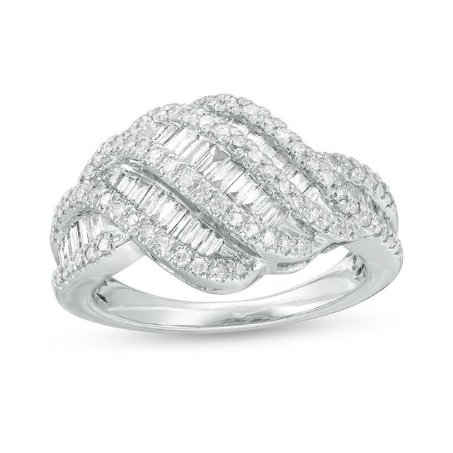 0.98 CT. T.W. Baguette and Round Diamond Multi-Row Wave Ring in 10K White Gold