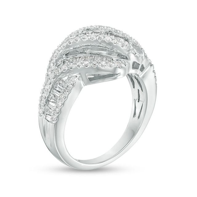 0.98 CT. T.W. Baguette and Round Diamond Multi-Row Wave Ring in 10K White Gold