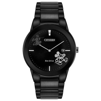 Men's Citizen Eco-Drive® Mickey Mouse Black IP Watch with Black Dial (Model: AU1068-50W)|Peoples Jewellers