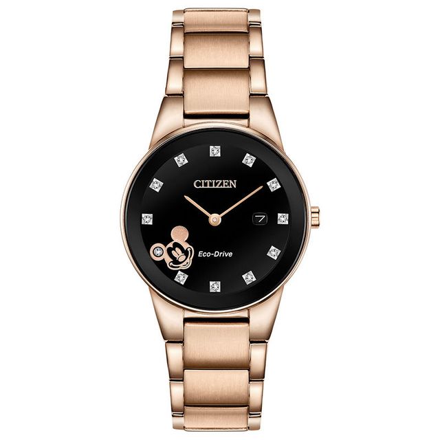 Ladies' Citizen Eco-Drive® Mickey Mouse Diamond Accent Rose-Tone Watch with Black Dial (Model: GA1056-54W)|Peoples Jewellers