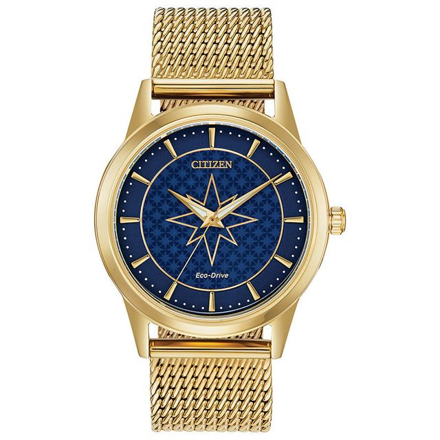 Ladies' Citizen Eco-Drive® Captain Marvel Gold-Tone Mesh Watch with Blue Dial (Model: FE7062-51W)|Peoples Jewellers