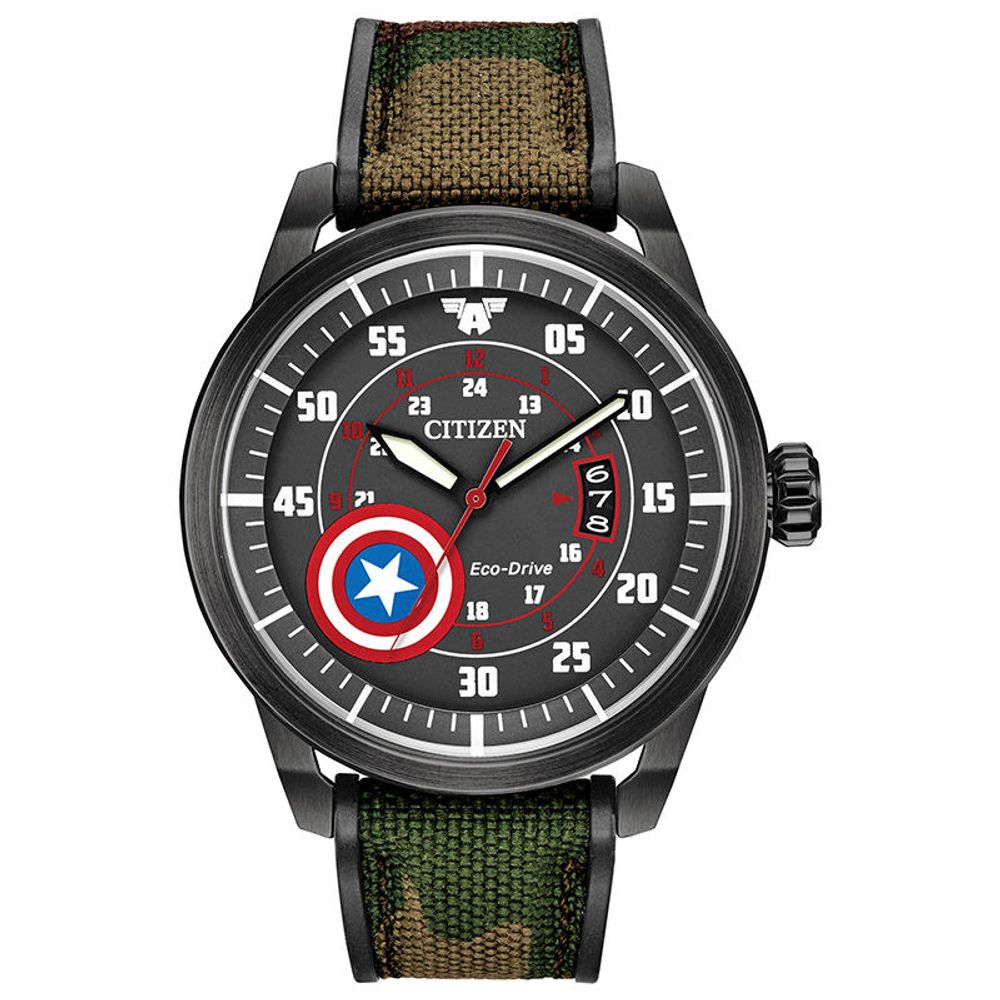 Men's Citizen Eco-Drive® Captain America Black IP Strap Watch with Black Dial (Model: AW1367-05W)|Peoples Jewellers