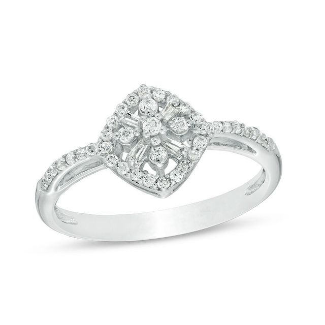 0.25 CT. T.W. Baguette and Round Diamond Tilted Cushion Frame Art Deco Ring in 10K White Gold|Peoples Jewellers