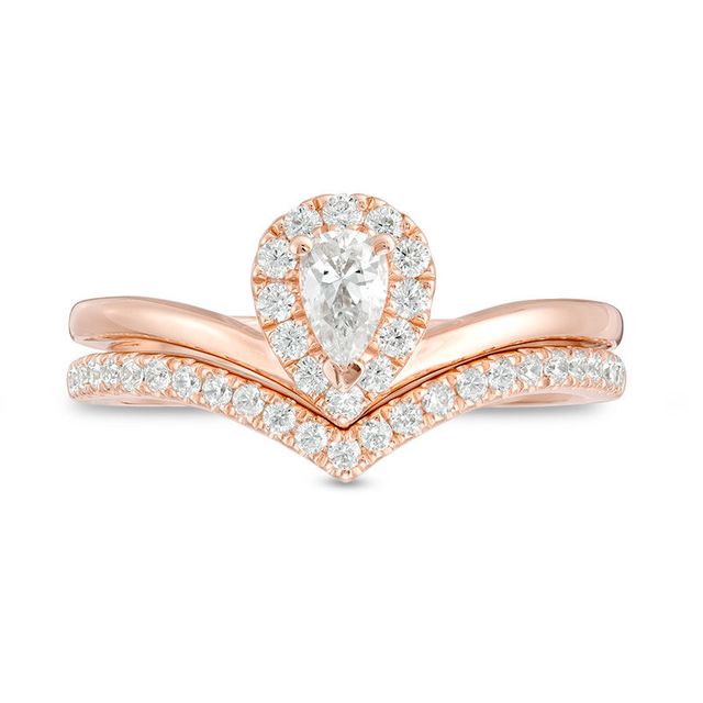 0.50 CT. T.W. Pear-Shaped Diamond Frame Chevron Bridal Set in 14K Rose Gold|Peoples Jewellers