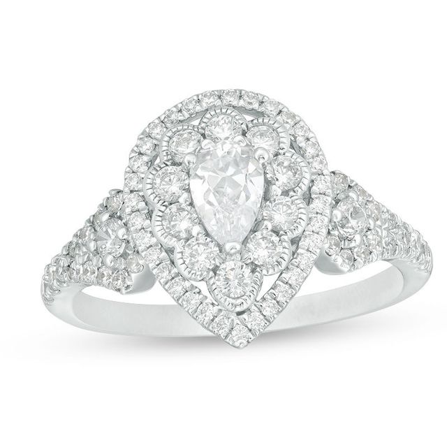 1.00 CT. T.W. Pear-Shaped Diamond Scallop Frame Vintage-Style Engagement Ring in 14K White Gold|Peoples Jewellers