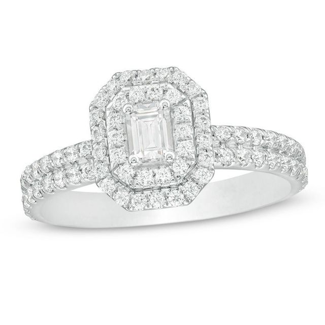 1.00 CT. T.W. Certified Canadian Emerald-Cut Diamond Double Frame Engagement Ring in 14K White Gold (I/SI2)|Peoples Jewellers