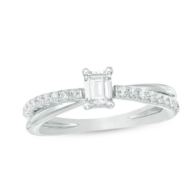 0.70 CT. T.W. Emerald-Cut Diamond Orbit Engagement Ring in 14K White Gold|Peoples Jewellers