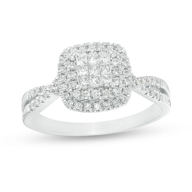 0.50 CT. T.W. Princess-Cut Composite Diamond Double Cushion Frame Twist Engagement Ring in 10K White Gold|Peoples Jewellers