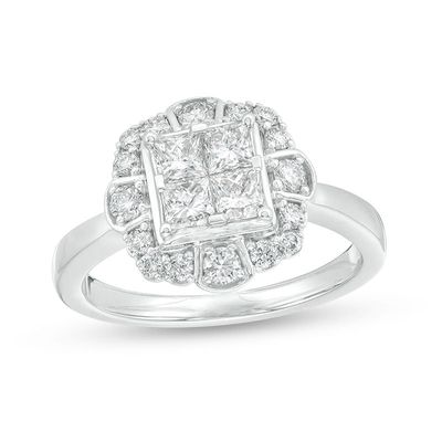 1.00 CT. T.W. Quad Princess-Cut Diamond Scallop Frame Engagement Ring in 10K White Gold|Peoples Jewellers