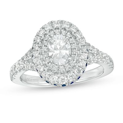 Vera Wang Love Collection 1.18 CT. T.W. Oval Diamond and Blue Sapphire Double Frame Engagement Ring in 14K White Gold|Peoples Jewellers