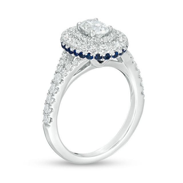 Vera Wang Love Collection 1.18 CT. T.W. Oval Diamond and Blue Sapphire Double Frame Engagement Ring in 14K White Gold|Peoples Jewellers