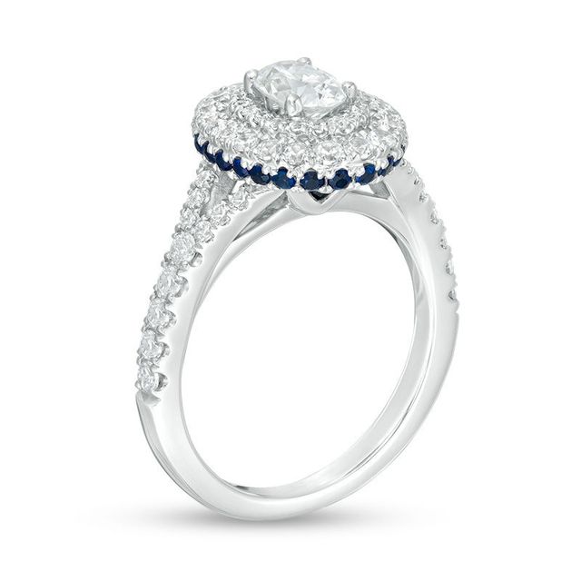 Vera Wang Love Collection 1.18 CT. T.W. Oval Diamond and Blue Sapphire Double Frame Engagement Ring in 14K White Gold