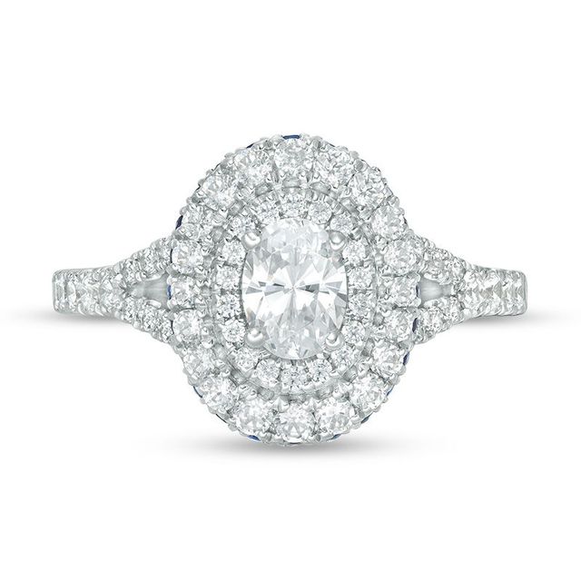 Vera Wang Love Collection 1.18 CT. T.W. Oval Diamond and Blue Sapphire Double Frame Engagement Ring in 14K White Gold|Peoples Jewellers