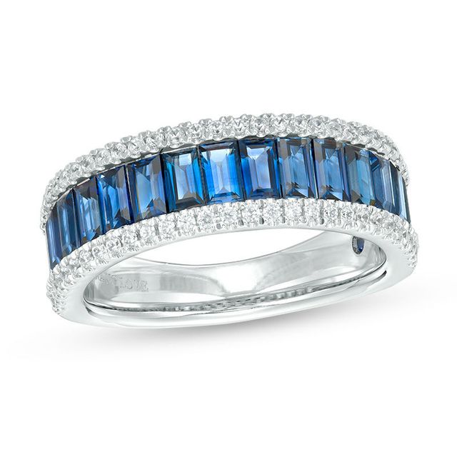 Vera Wang Love Collection 0.23 CT. T.W. Diamond and Baguette Blue Sapphire Multi-Row Wedding Band in 14K White Gold|Peoples Jewellers