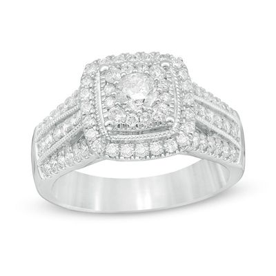 1.00 CT. T.W. Diamond Cushion Frame Vintage-Style Multi-Row Engagement Ring in 10K White Gold|Peoples Jewellers