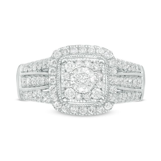 1.00 CT. T.W. Diamond Cushion Frame Vintage-Style Multi-Row Engagement Ring in 10K White Gold|Peoples Jewellers