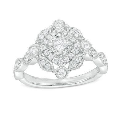 0.50 CT. T.W. Princess-Cut and Round Diamond Vintage-Style Engagement Ring in 10K White Gold|Peoples Jewellers