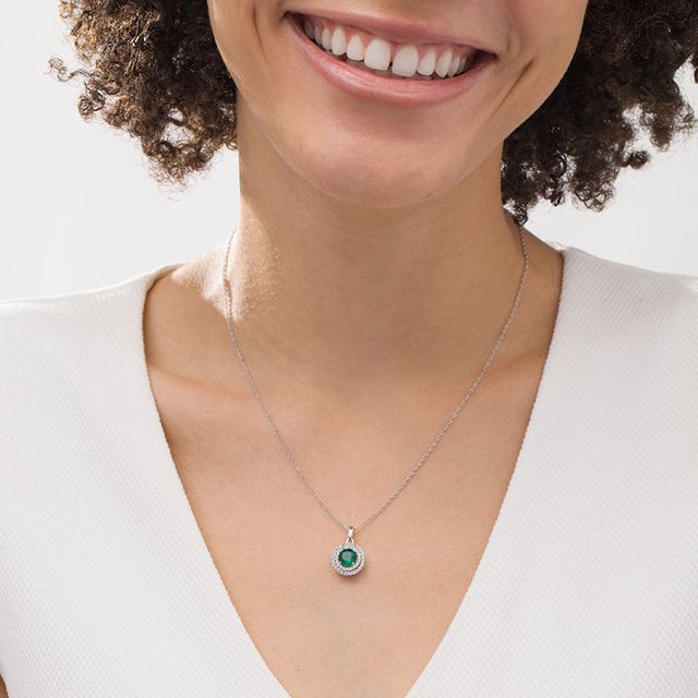 6.5mm Lab-Created Emerald and White Sapphire Double Frame Drop Pendant in Sterling Silver|Peoples Jewellers