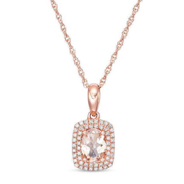 Oval Morganite and 0.15 CT. T.W. Diamond Double Cushion Frame Drop Pendant in 10K Rose Gold|Peoples Jewellers