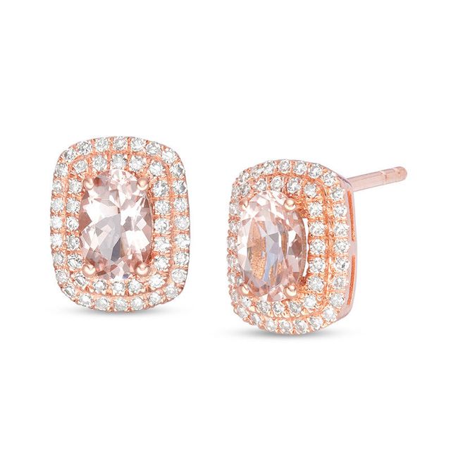 Oval Morganite and 0.23 CT. T.W. Diamond Double Cushion Frame Stud Earrings in 10K Rose Gold|Peoples Jewellers