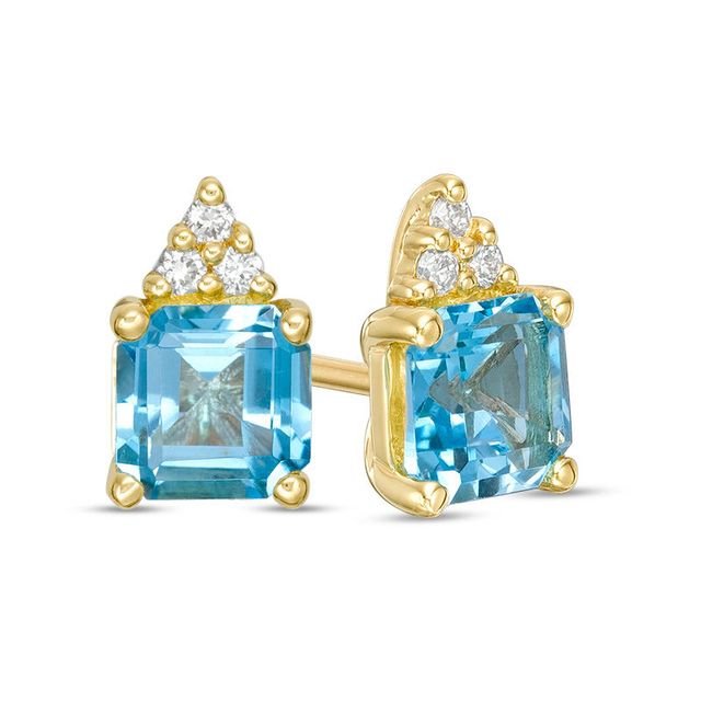 5.0mm Asscher-Cut Swiss Blue Topaz and 0.05 CT. T.W. Diamond Tri-Top Stud Earrings in 10K Gold|Peoples Jewellers