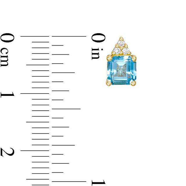 5.0mm Asscher-Cut Swiss Blue Topaz and 0.05 CT. T.W. Diamond Tri-Top Stud Earrings in 10K Gold