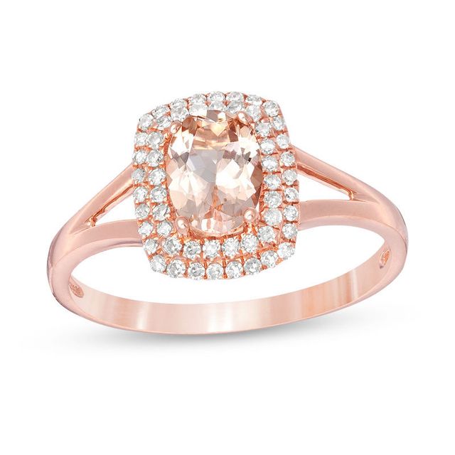 Oval Morganite and 0.15 CT. T.W. Diamond Double Cushion Frame Split Shank Ring in 10K Rose Gold|Peoples Jewellers