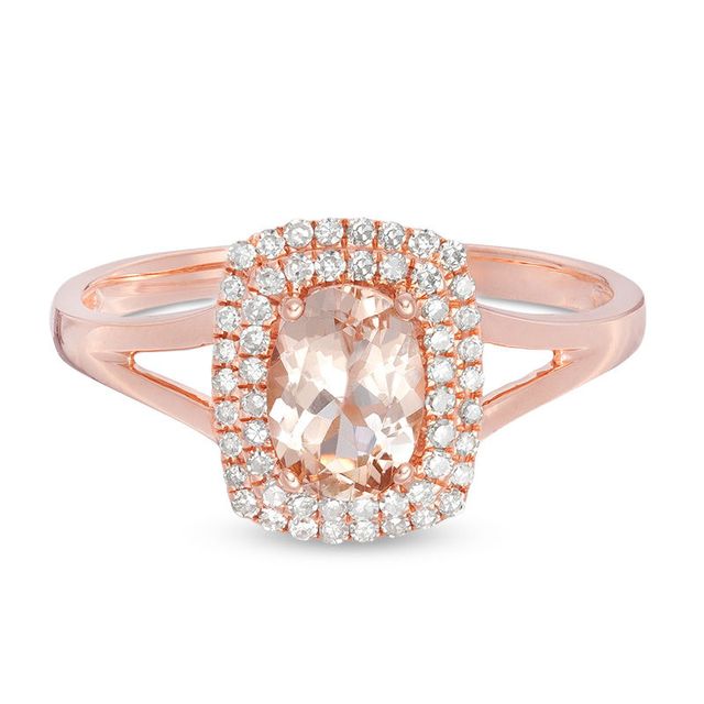 Oval Morganite and 0.15 CT. T.W. Diamond Double Cushion Frame Split Shank Ring in 10K Rose Gold