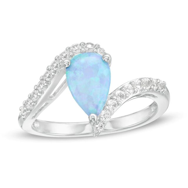 Pear-Shaped Lab-Created Blue Opal and White Sapphire Bypass Ring in Sterling Silver|Peoples Jewellers