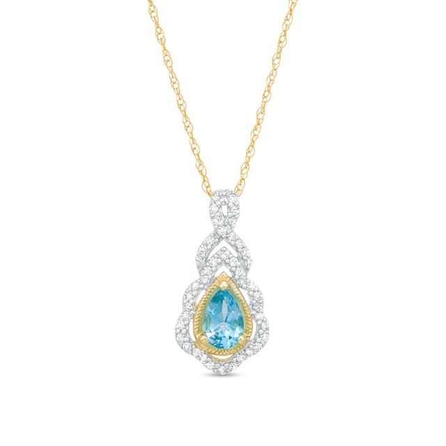 Pear-Shaped Swiss Blue Topaz and 0.15 CT. T.W. Diamond Scallop Frame Ornate Pendant in 10K Gold|Peoples Jewellers