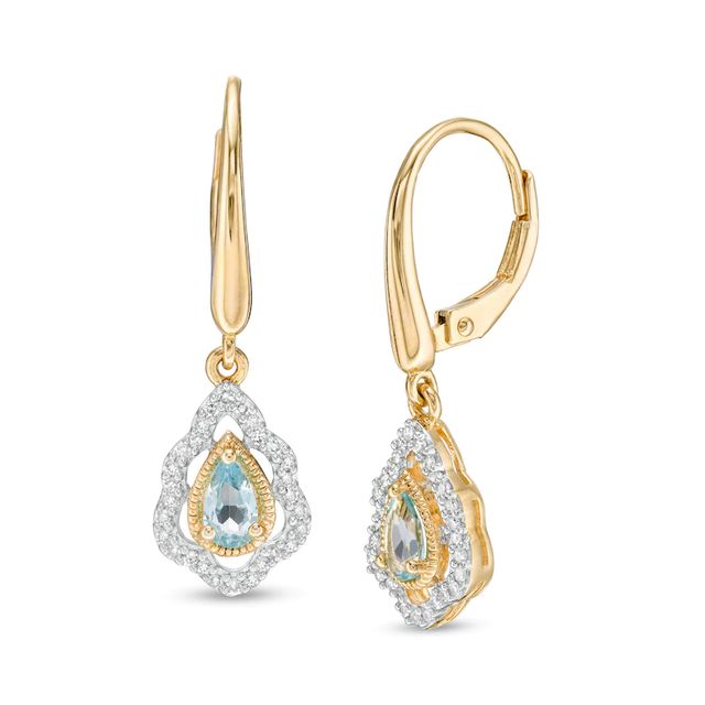 Pear-Shaped Swiss Blue Topaz and 0.18 CT. T.W. Diamond Scallop Frame Ornate Drop Earrings in 10K Gold