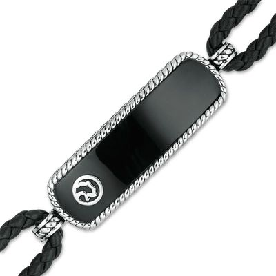 EFFY™ Collection Men's Rectangle Onyx Bar Rope Frame Panther Accent Looping Black Leather Bracelet in Sterling Silver|Peoples Jewellers