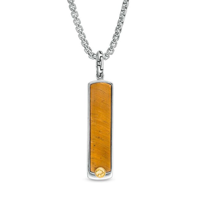 EFFY™ Collection Men's Rectangle Tiger's Eye Panther Accent Dog Tag Pendant in Sterling Silver and 18K Gold - 22"|Peoples Jewellers