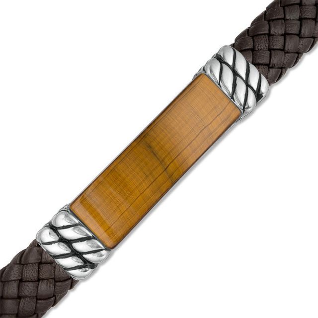 EFFY™ Collection Men's Rectangle Tiger's Eye Rope Accent Brown Leather Bracelet in Sterling Silver|Peoples Jewellers