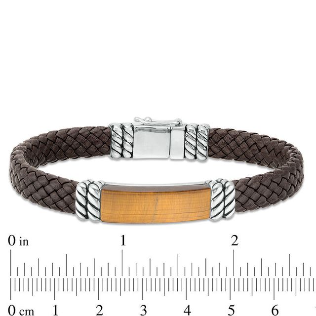 EFFY™ Collection Men's Rectangle Tiger's Eye Rope Accent Brown Leather Bracelet in Sterling Silver|Peoples Jewellers