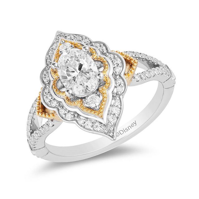 Enchanted Disney Aladdin 1.00 CT. T.W. Oval Diamond Arabesque Frame Engagement Ring in 14K Two-Tone Gold