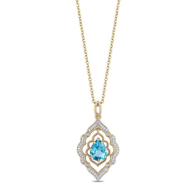 Enchanted Disney Aladdin Pear-Shaped Swiss Blue Topaz and 0.08 CT. T.W. Diamond Arabesque Frame Pendant in 10K Gold