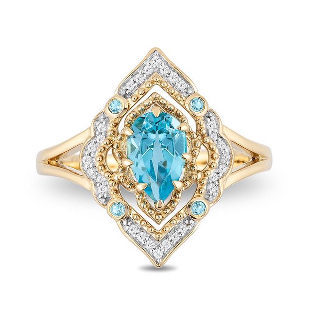 Enchanted Disney Aladdin Pear-Shaped Swiss Blue Topaz and 0.089 CT. T.W. Diamond Arabesque Frame Ring in 10K Gold|Peoples Jewellers